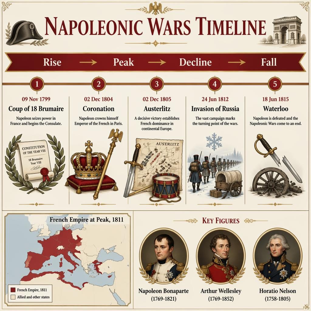 Infographie historique avec ruban horizontal, 5 dates clés des guerres napoléoniennes, carte encart et portraits médaillons.