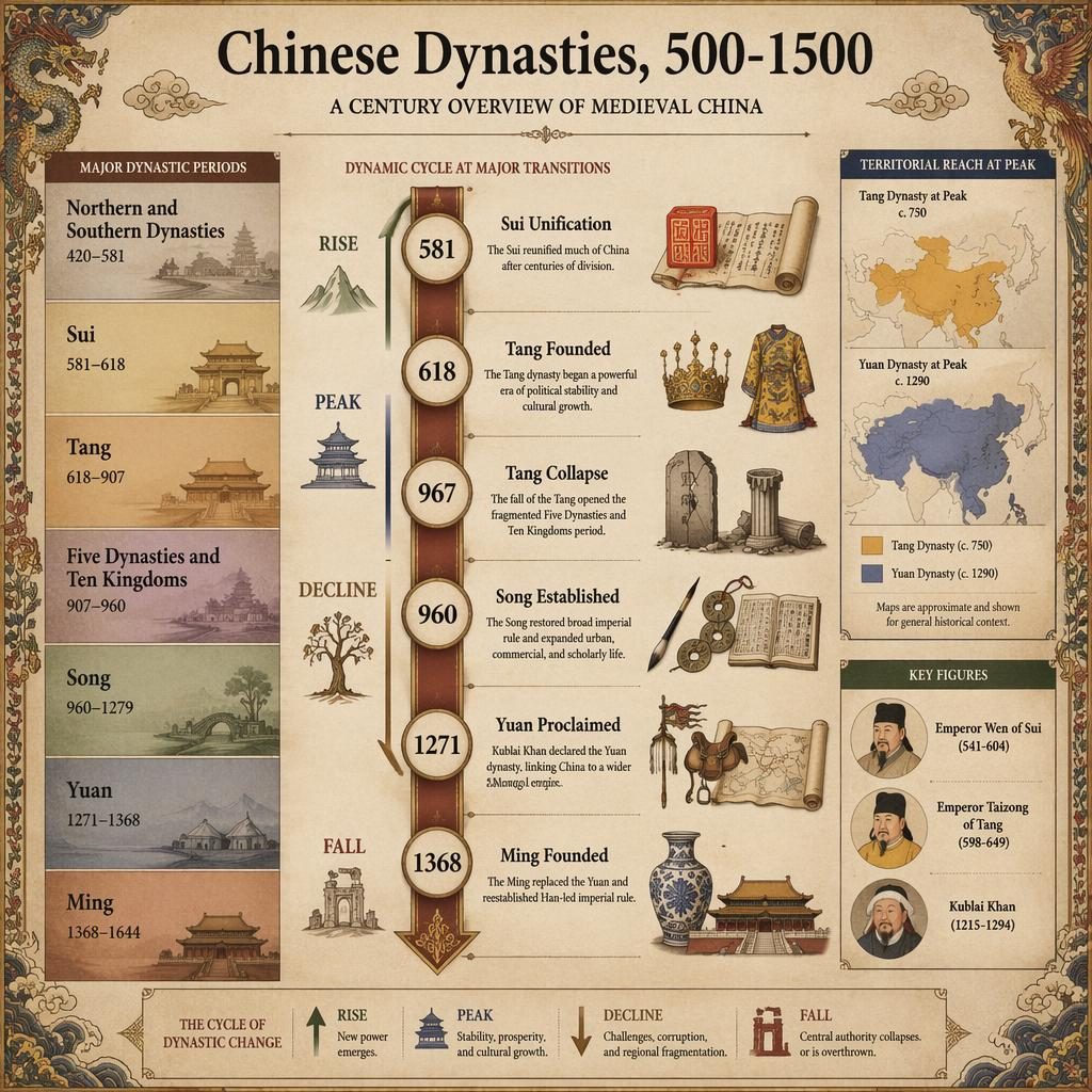 Infografía vertical en pergamino con línea temporal de dinastías chinas 500-1500, hitos, mapa inset y retratos.