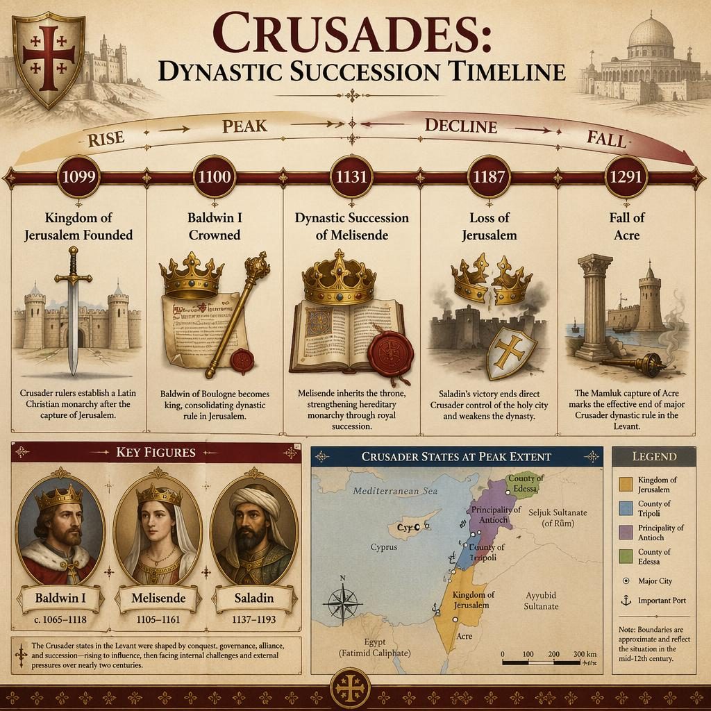Infographie historique horizontale sur les croisades avec 5 dates clés, portraits, carte encart et arc Rise Peak Decline Fall.