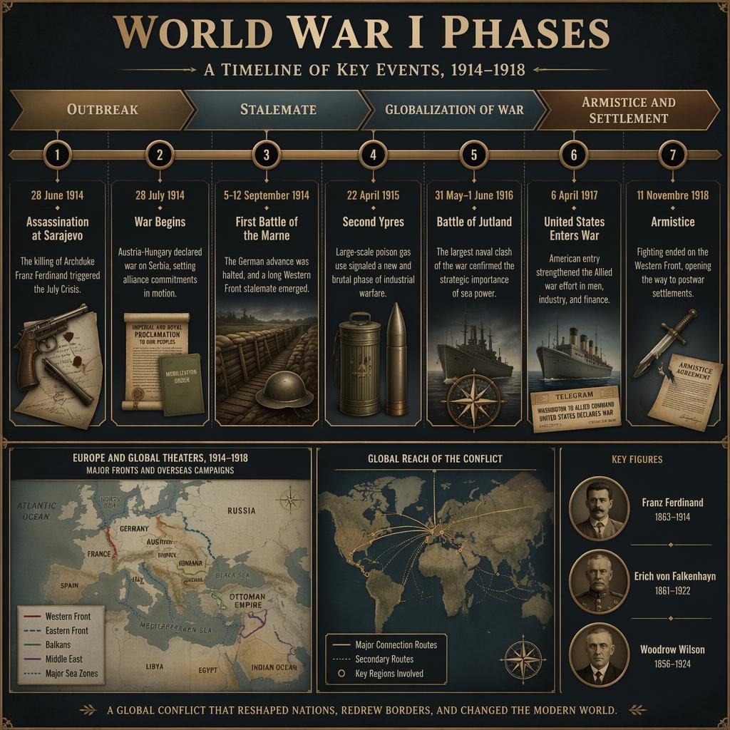 Infografía histórica horizontal sobre la Primera Guerra Mundial con 7 hitos, mapa inset, medallones y paleta bronce y azul marino.