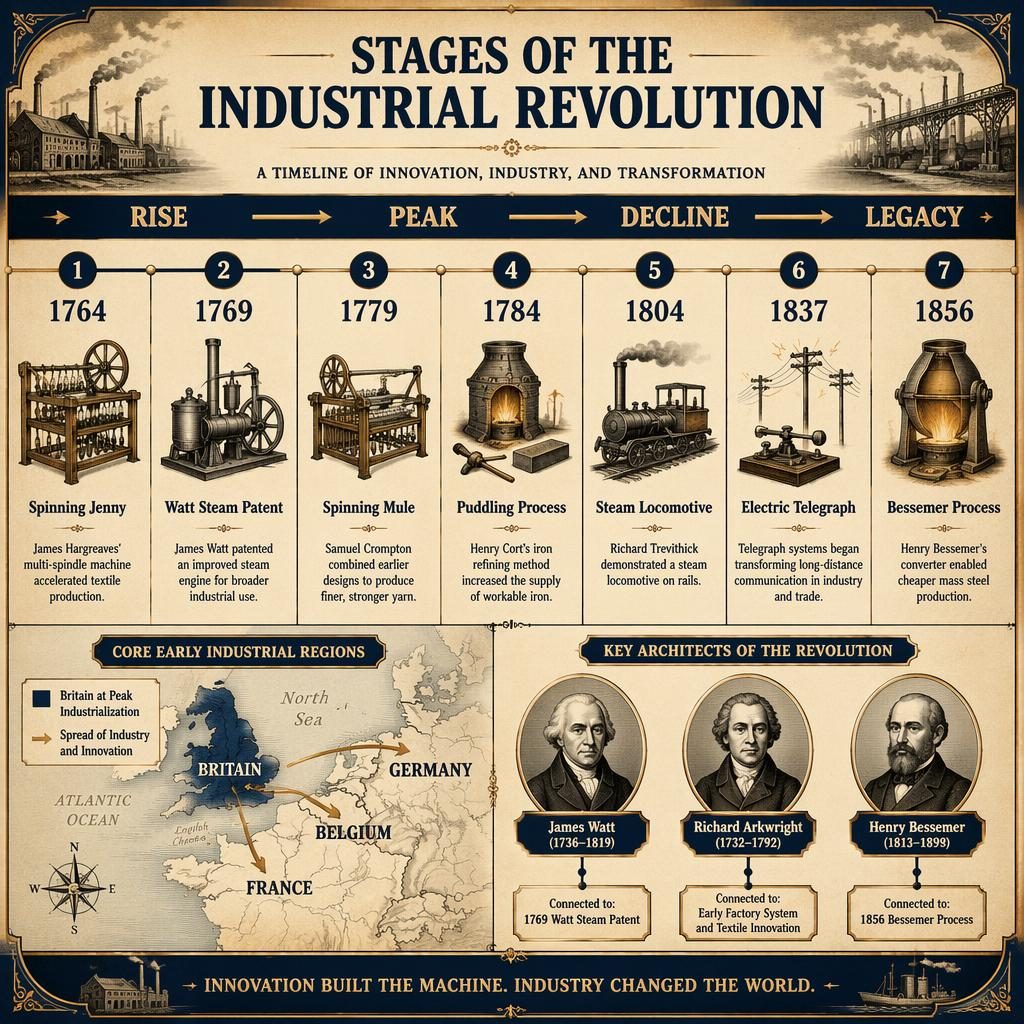 Horizontal Industrial Revolution timeline infographic with 7 milestones, Britain map, inventor cameos, bronze and navy museum panel.