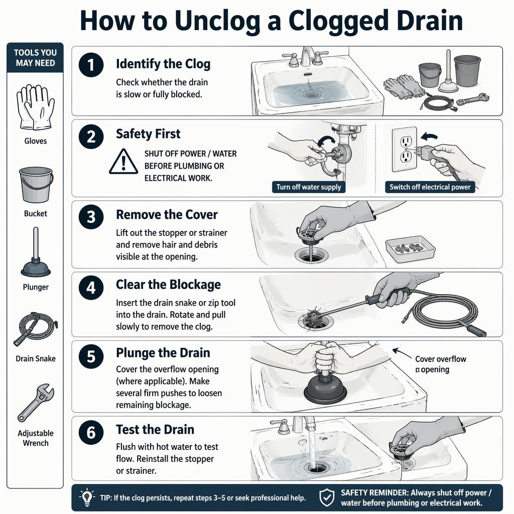 Vertical 6-step monochrome DIY infographic showing drain unclogging, safety callouts, tools, hands, plunger, snake, and rinse.
