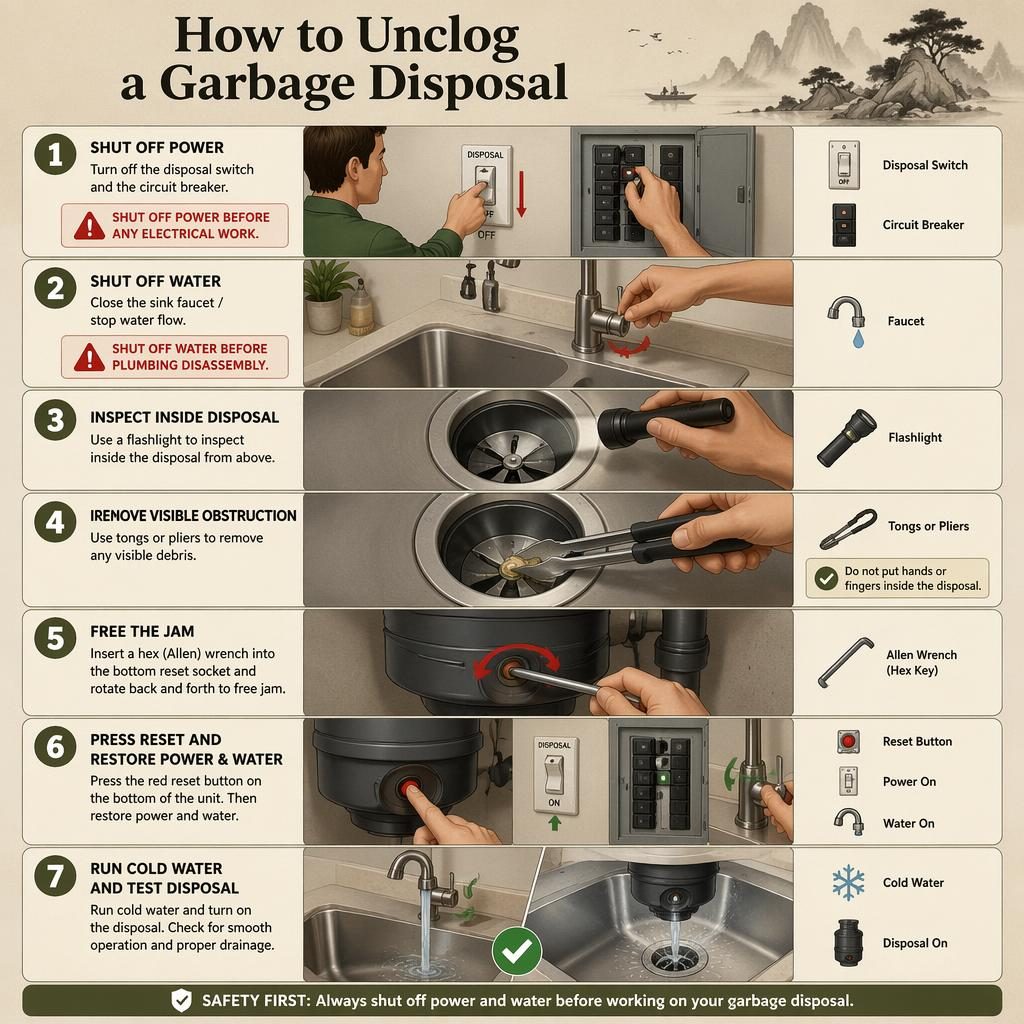 Infografía vertical de 7 pasos para destapar un triturador de basura, con acciones seguras, iconos de herramientas y paleta tierra.