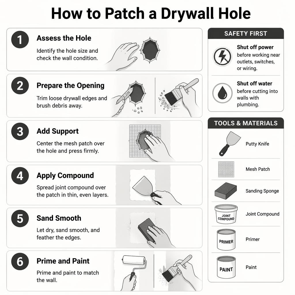 Infografía vertical de 6 pasos para reparar un agujero en drywall con iconos planos, manos correctas y etiquetas en inglés.