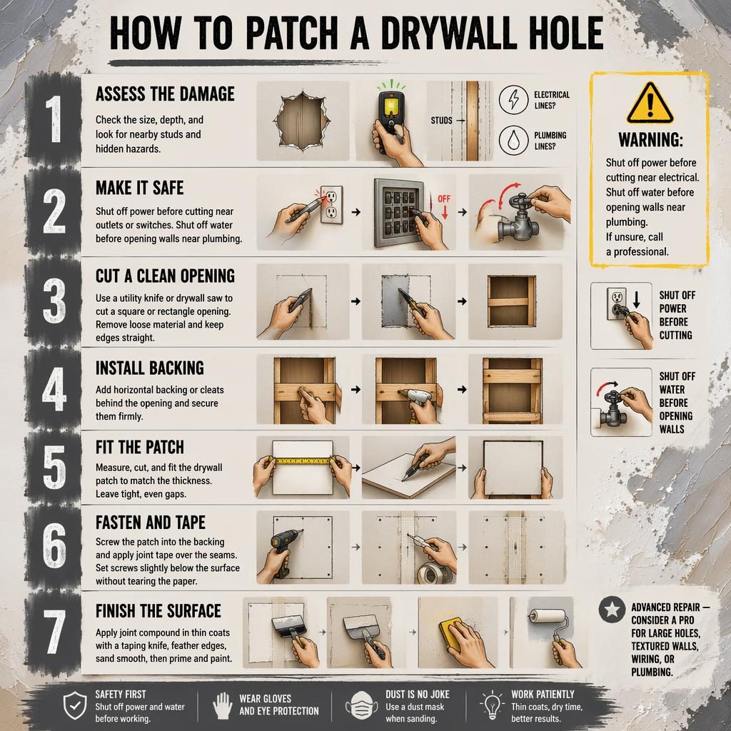 Infographie verticale en 7 étapes pour réparer un trou dans une cloison, tons gris, croquis technique et accents peinture au couteau abstrait.
