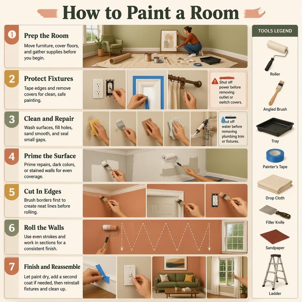 Infographie verticale en 7 étapes pour peindre une pièce, style manuel DIY vintage, outils illustrés et palette chaleureuse.