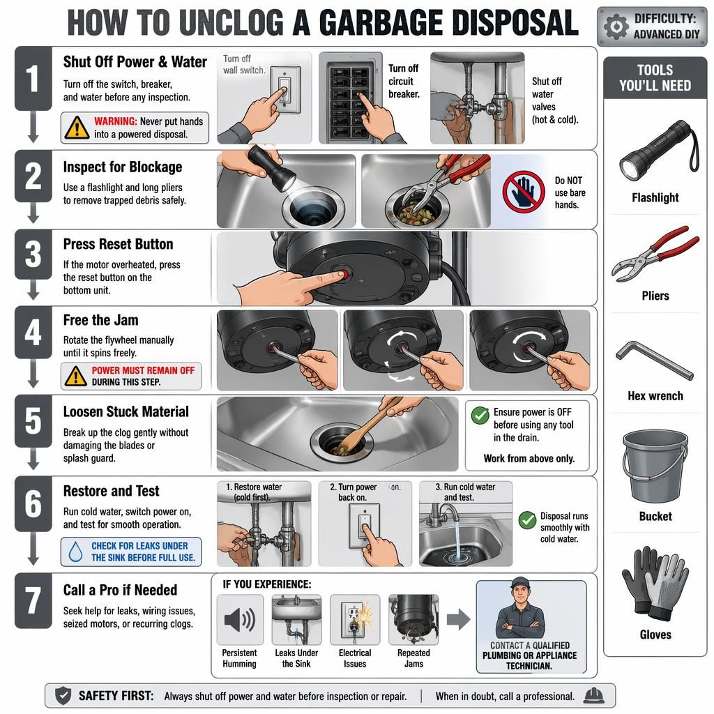 Vertical 7-step garbage disposal unclogging infographic with tool icons, safety callouts, gray sketchnote diagrams.