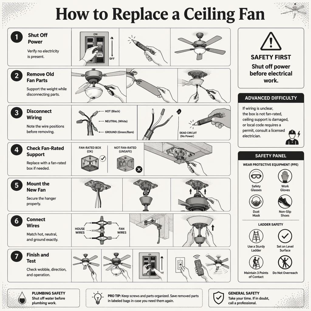 Infografía vertical de 7 pasos para reemplazar un ventilador de techo, estilo plano monocromo con guiños a pintura en puntillismo.