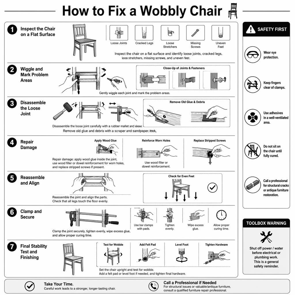 Vertical 7-step infographic showing how to fix a wobbly chair with hands, clamps, glue, screws, and safety notes.
