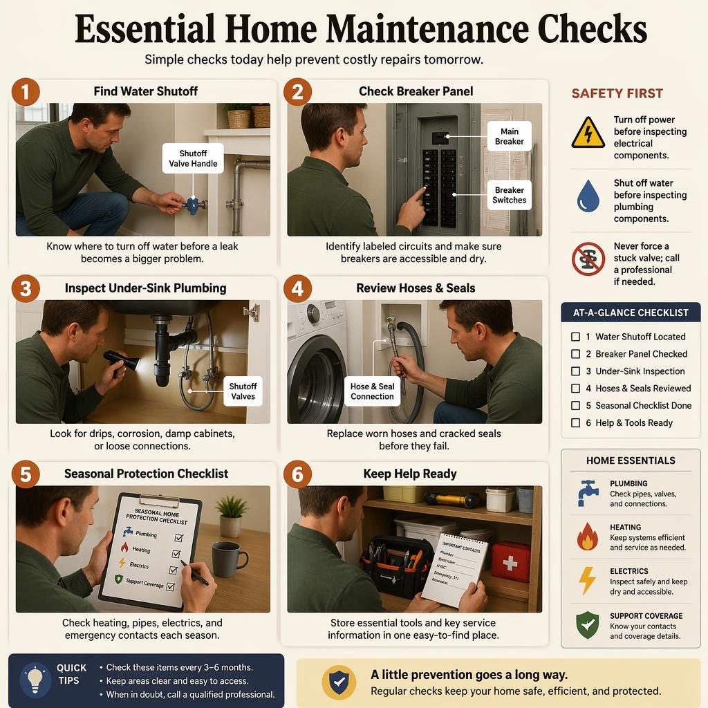 Infografía de 6 pasos en cocina y zona de servicio sobre revisión del hogar con válvula, panel eléctrico, fregadero y herramientas