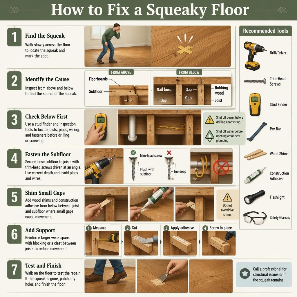 Infografía vertical de 7 pasos sobre cómo reparar un piso que cruje, con diagramas, herramientas y avisos de seguridad.