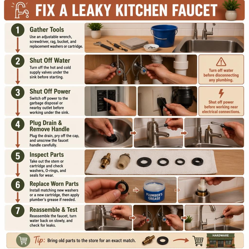 Vertical DIY infographic with 7 kitchen faucet repair steps, tools, safety callouts, hand actions, and warm earth tones.