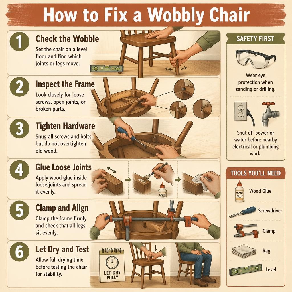 Infografía vertical de 6 pasos para arreglar una silla floja, estilo manual vintage, con herramientas y avisos de seguridad.
