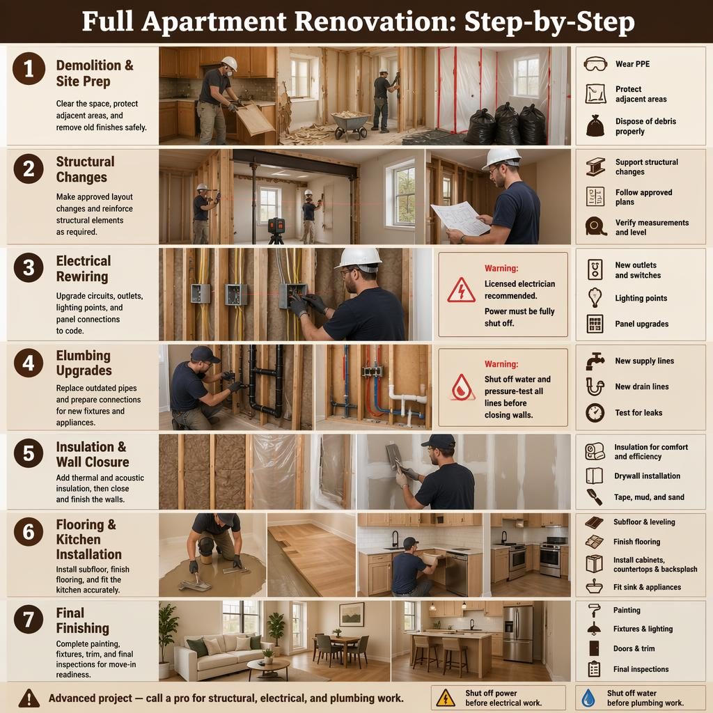 Infografía vertical con 7 pasos de reformas integrales en apartamento, desde demolición hasta acabados finales.