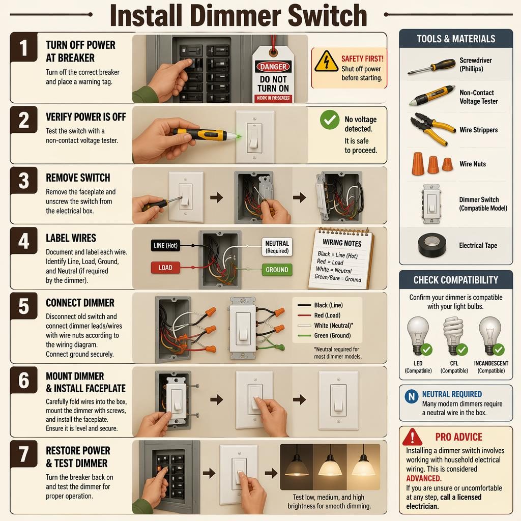 Vertical 7-step electrical dimmer switch installation infographic with hand actions, tools panel, safety warnings, and bulb compatibility notes.