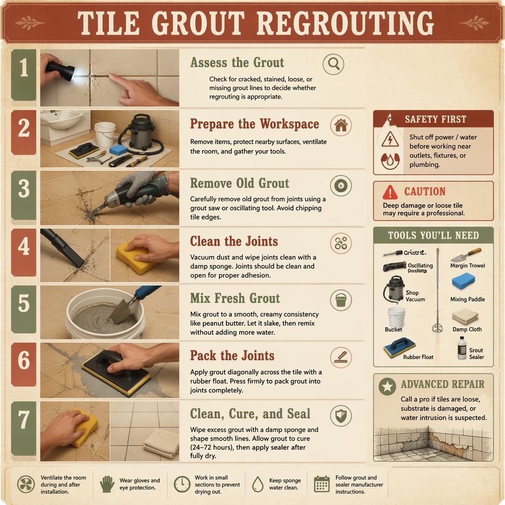 Infografía vertical de 7 pasos para rejuntar azulejos, con herramientas, manos, baldosas y paleta cálida vintage.