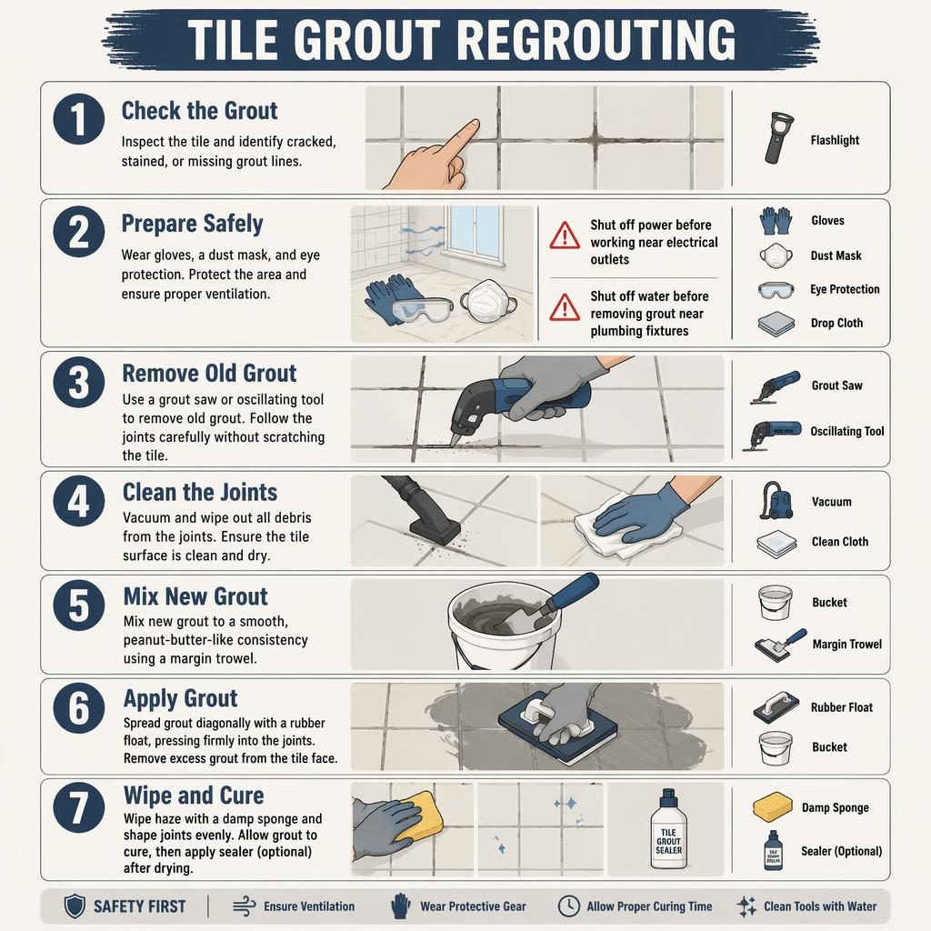 Infografía vertical de 7 pasos para rejuntar azulejos, con manos, herramientas y avisos de seguridad en inglés.