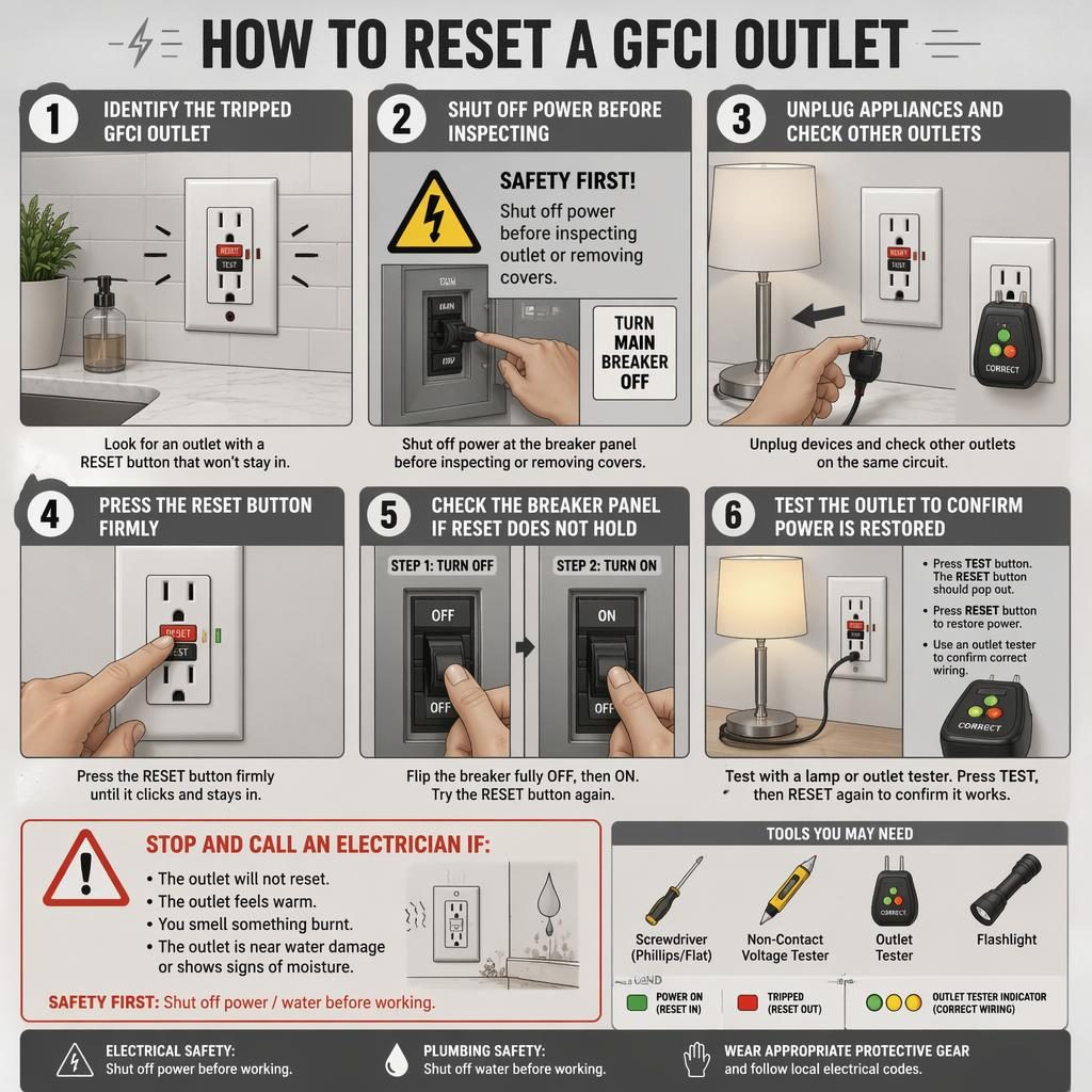 Infografía de 6 pasos sobre cómo reiniciar un tomacorriente GFCI con panel eléctrico, lámpara, probador y avisos de seguridad.