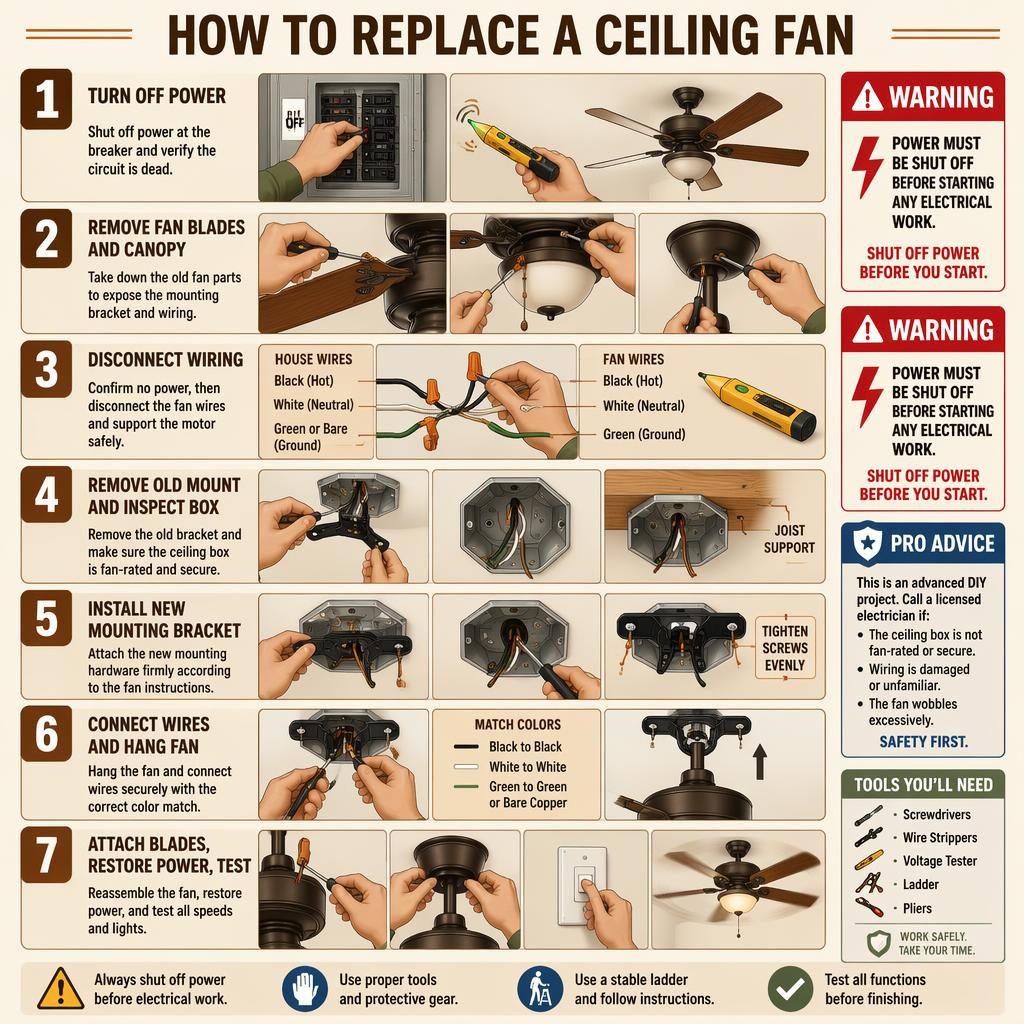 Infografía vertical de 7 pasos para reemplazar un ventilador de techo, con manos, herramientas, escalera y avisos de seguridad.