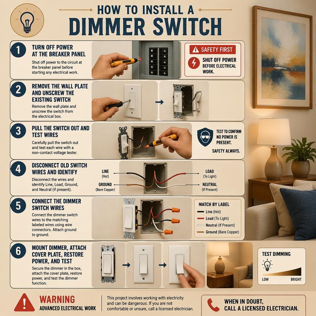 Infografía vertical de 6 pasos para instalar un regulador, estilo manual DIY vintage, con cuadro con pintura acrilica al fondo.