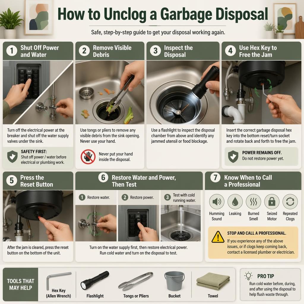 Infographie en 7 étapes pour déboucher un broyeur d’évier, cuisine réaliste vert sauge et crème, outils et art abstrait.