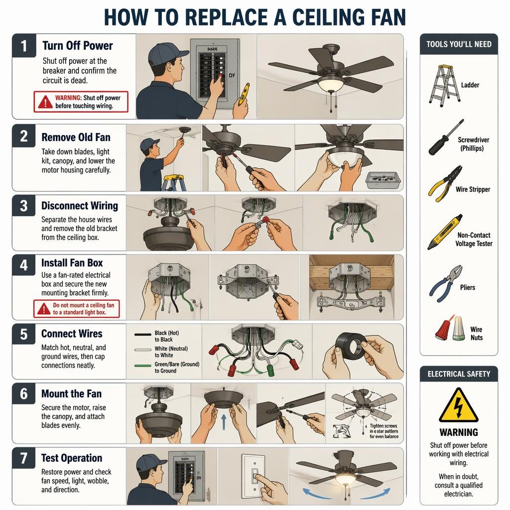 Vertical 7-step monochrome infographic showing how to replace a ceiling fan with tools, wiring, ladder, breaker panel, and safety icons.