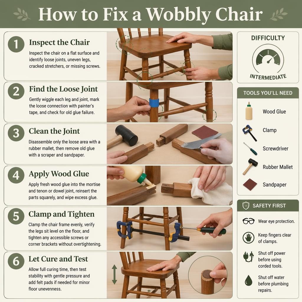 Vertical 6-step infographic on fixing a wobbly chair with sage and cream cards, tools, safety panel, and hand demos.