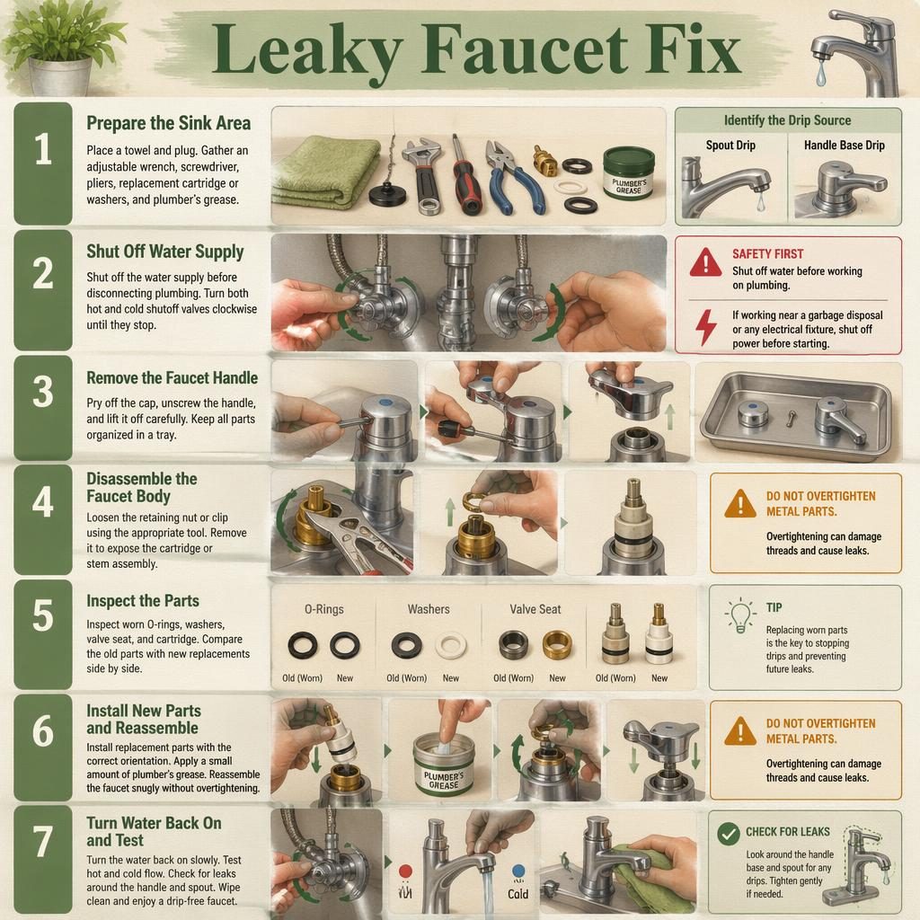 Infographie verticale en 7 étapes pour réparer un robinet qui fuit, palette sauge et crème, texture toile peinte.