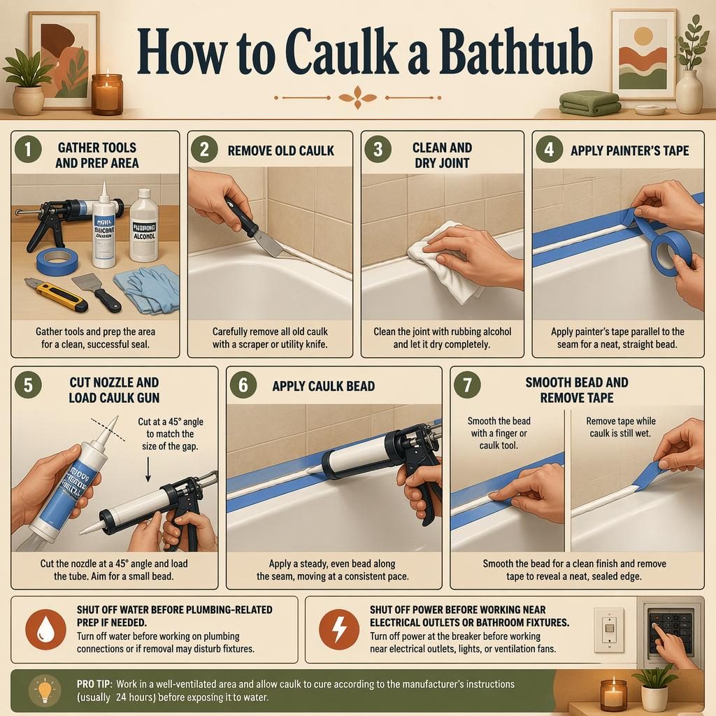 Infographie en 7 étapes pour poser un joint de baignoire, style manuel DIY vintage, palette chaleureuse et cartes numérotées.