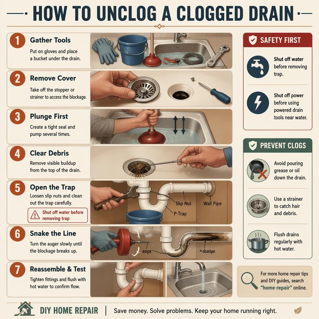 Vertical 7-step DIY infographic showing how to unclog a sink drain with tools, plunging, trap removal, snaking, and testing.
