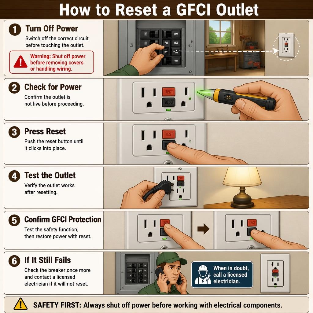 Infografía vertical de 6 pasos para resetear un tomacorriente GFCI, con manos, panel eléctrico, probador y lámpara.
