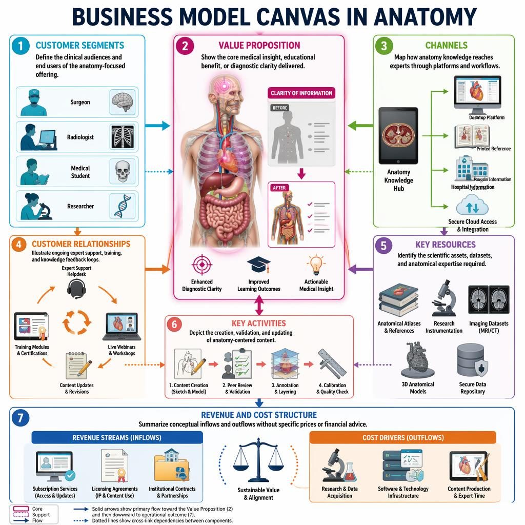 Landscape anatomy business model canvas infographic with 7 numbered panels, arrows, dotted links, and central torso hub.