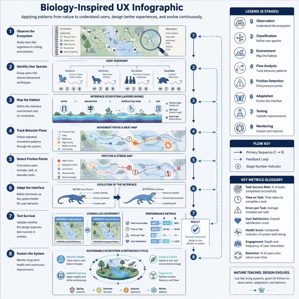 Portrait ux infographic poster with 8 biology-inspired UX stages, blue vector diagrams, arrows, dotted feedback lines, and legend.