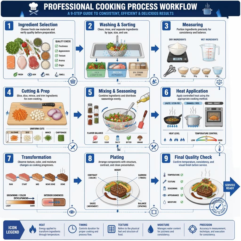 Infographie verticale en bleu montrant 9 étapes du processus de cuisine professionnelle avec flèches, icônes et légendes.