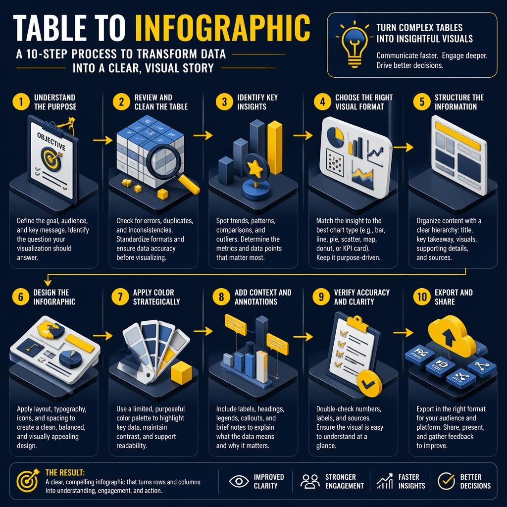 Isometric 3D anatomy infographic in yellow and navy with numbered medical steps, arrows, labels, and table to infographic layout