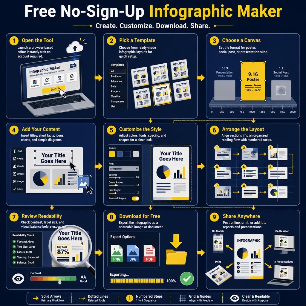 Portrait isometric infographic poster showing 9 numbered steps to use a free no-sign-up infographic maker.