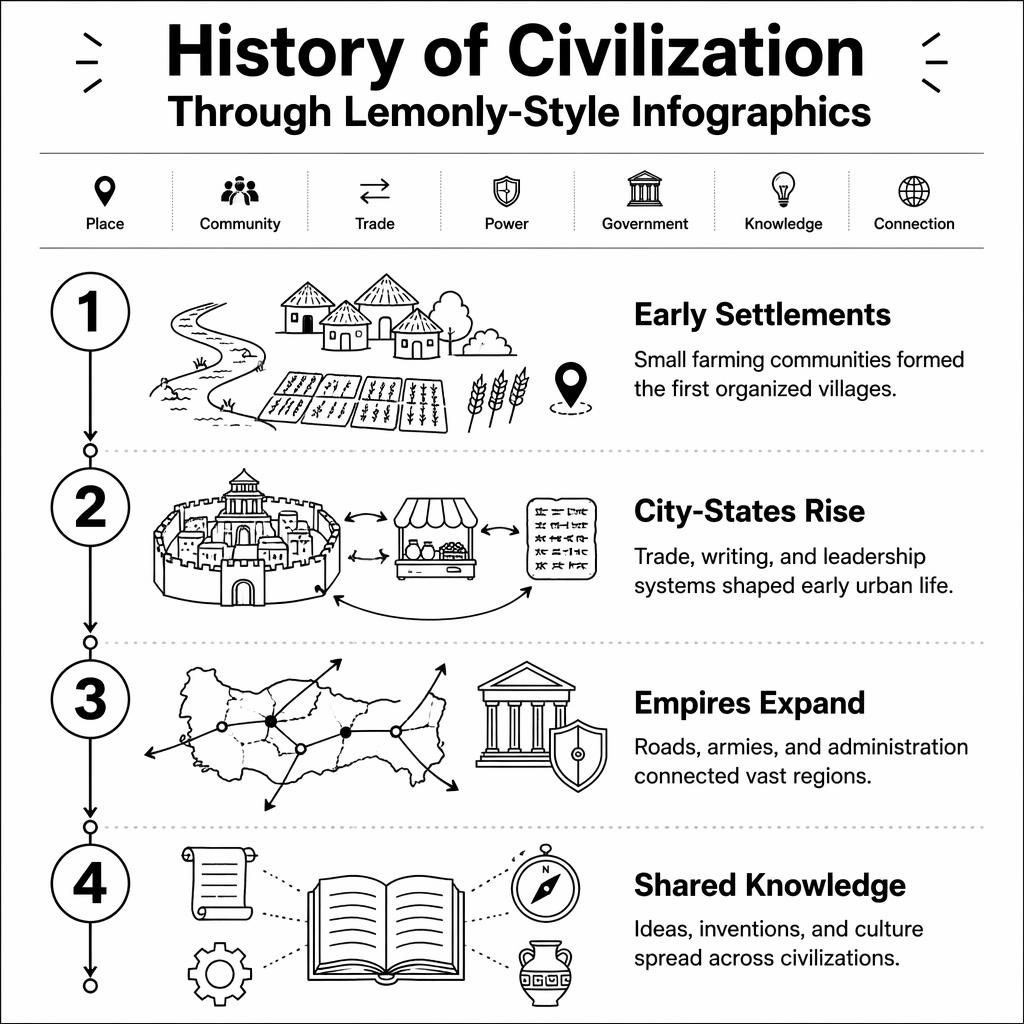 Black and white portrait infographic showing a 4-step civilization timeline with icons, arrows, headings, and captions.