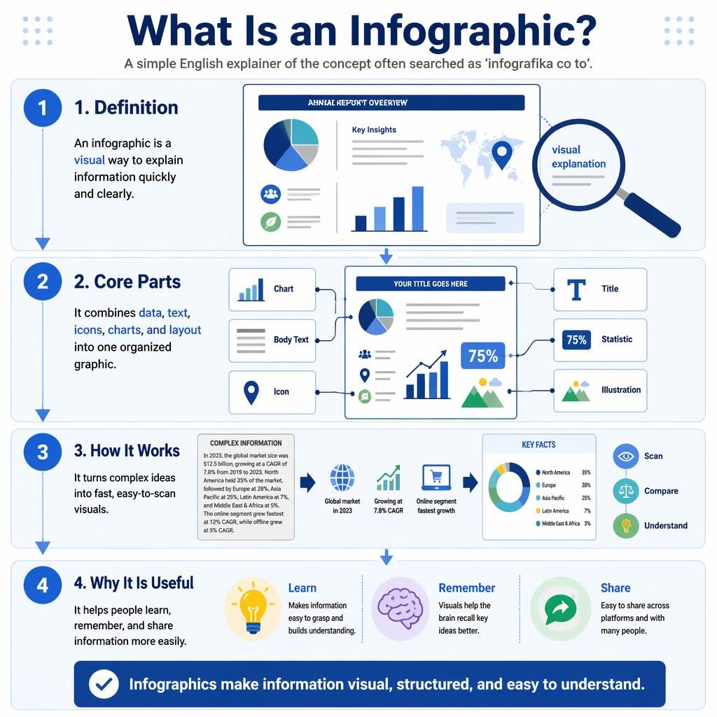 Pionowy plakat infograficzny o tym, infografika co to, z 4 sekcjami, strzałkami, ikonami i niebieskimi panelami.