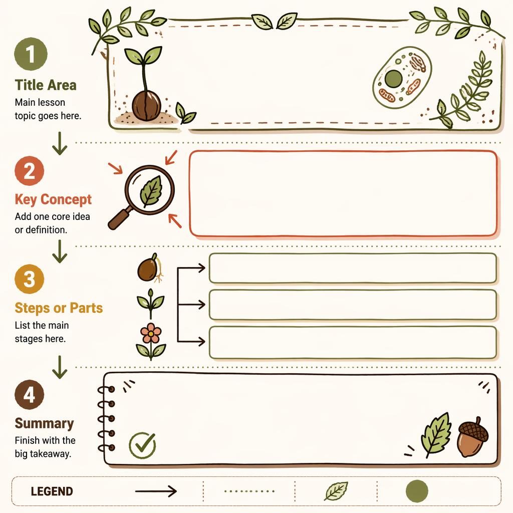 Portrait biology infographic empty template poster with 4 numbered sections, arrows, blank boxes, leaf doodles, and earth tones.