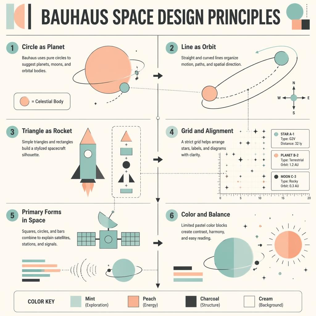 Portrait bauhaus infographic poster with 6 numbered space design sections, planets, orbits, rocket, grid, satellite, and color key.