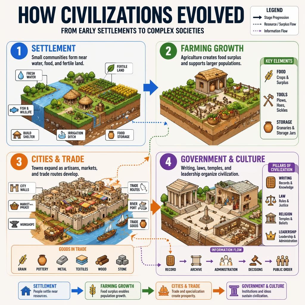 Póster infográfico vertical de 4 pasos sobre civilizaciones con diagramas, flechas, colores arcoíris y texto en inglés.
