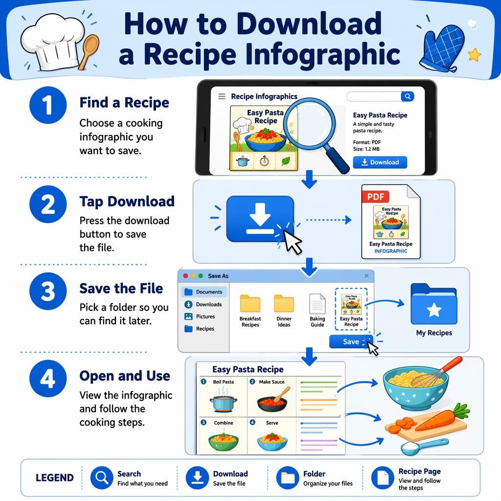 Portrait kids infographic poster with 4 blue-numbered steps showing how to find, download, save, and open a recipe file.