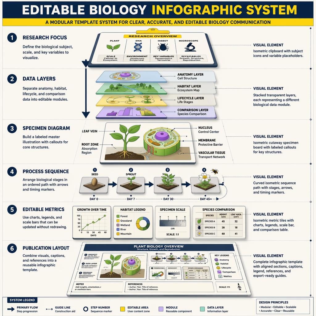 Póster infografia editables de biología con 6 módulos numerados, flechas azules, paneles isométricos y gráficos 3D.