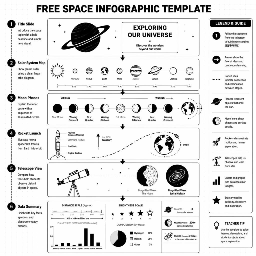 Póster infográfico vertical del espacio en blanco y negro con 6 pasos numerados, flechas, leyenda lateral y gráficos.
