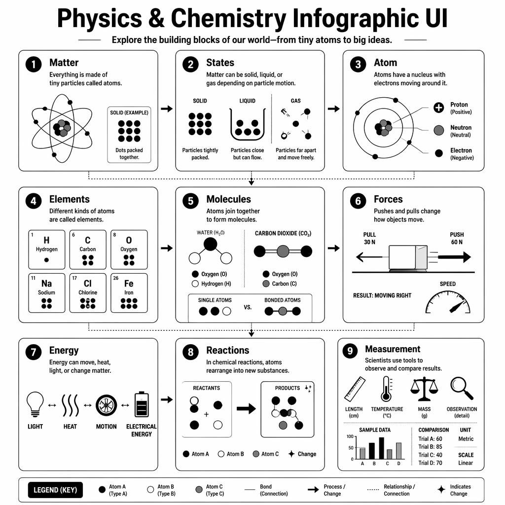 Black and white infographic ui poster for kids with 9 numbered physics and chemistry cards, arrows, icons, and labels.