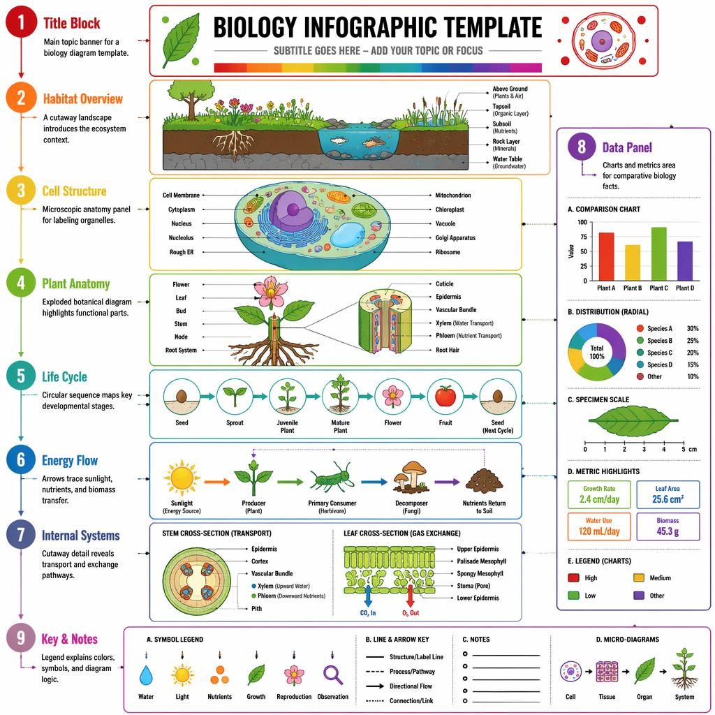 Affiche infographie template de biologie en portrait avec 9 sections numérotées, schémas en coupe, flèches et palette arc-en-ciel.