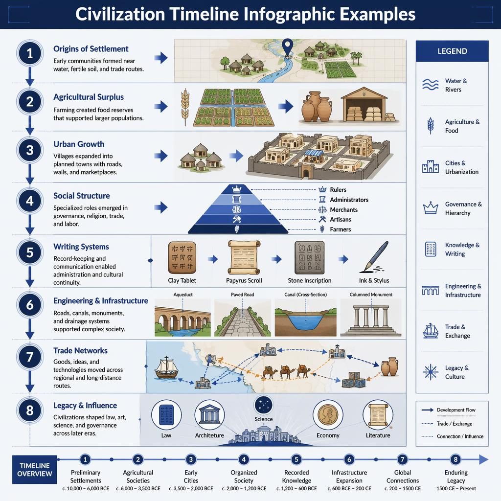 Blue portrait infographic poster showing 8 civilization timeline stages with icons, arrows, map panels, legend, and mini timeline.