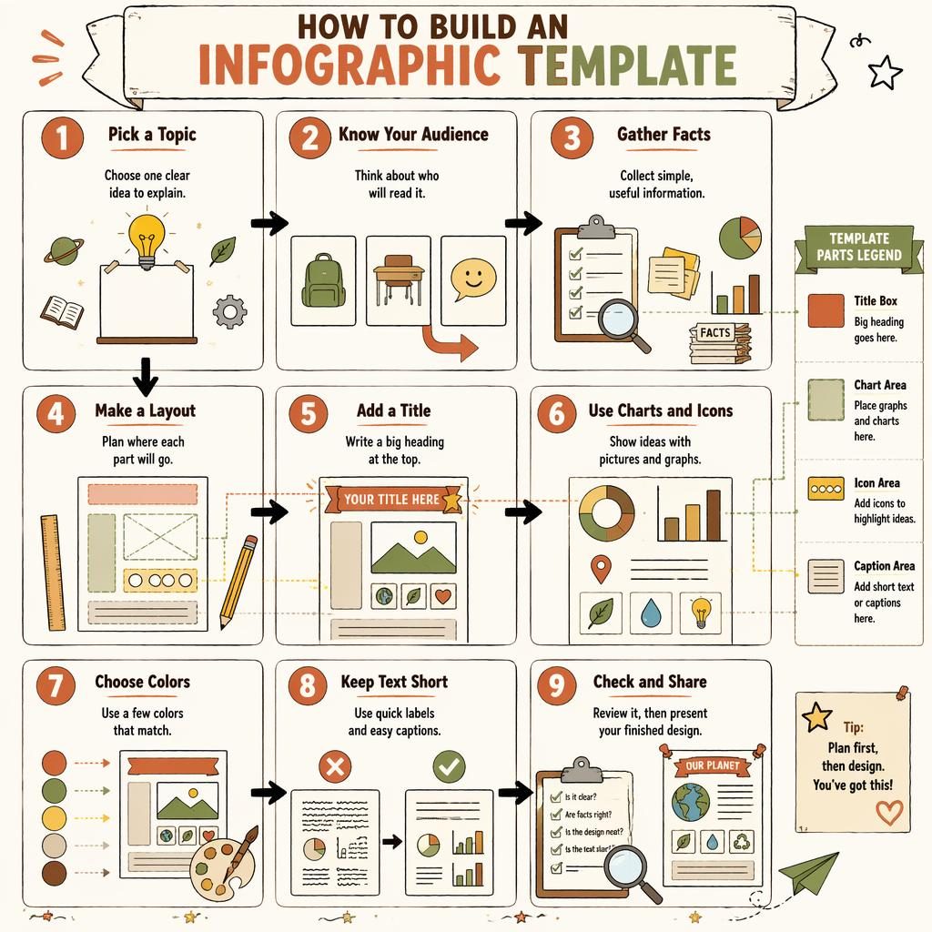 Portrait poster showing 9 sketch-style steps to build an infogram template with arrows, icons, charts, and labels.