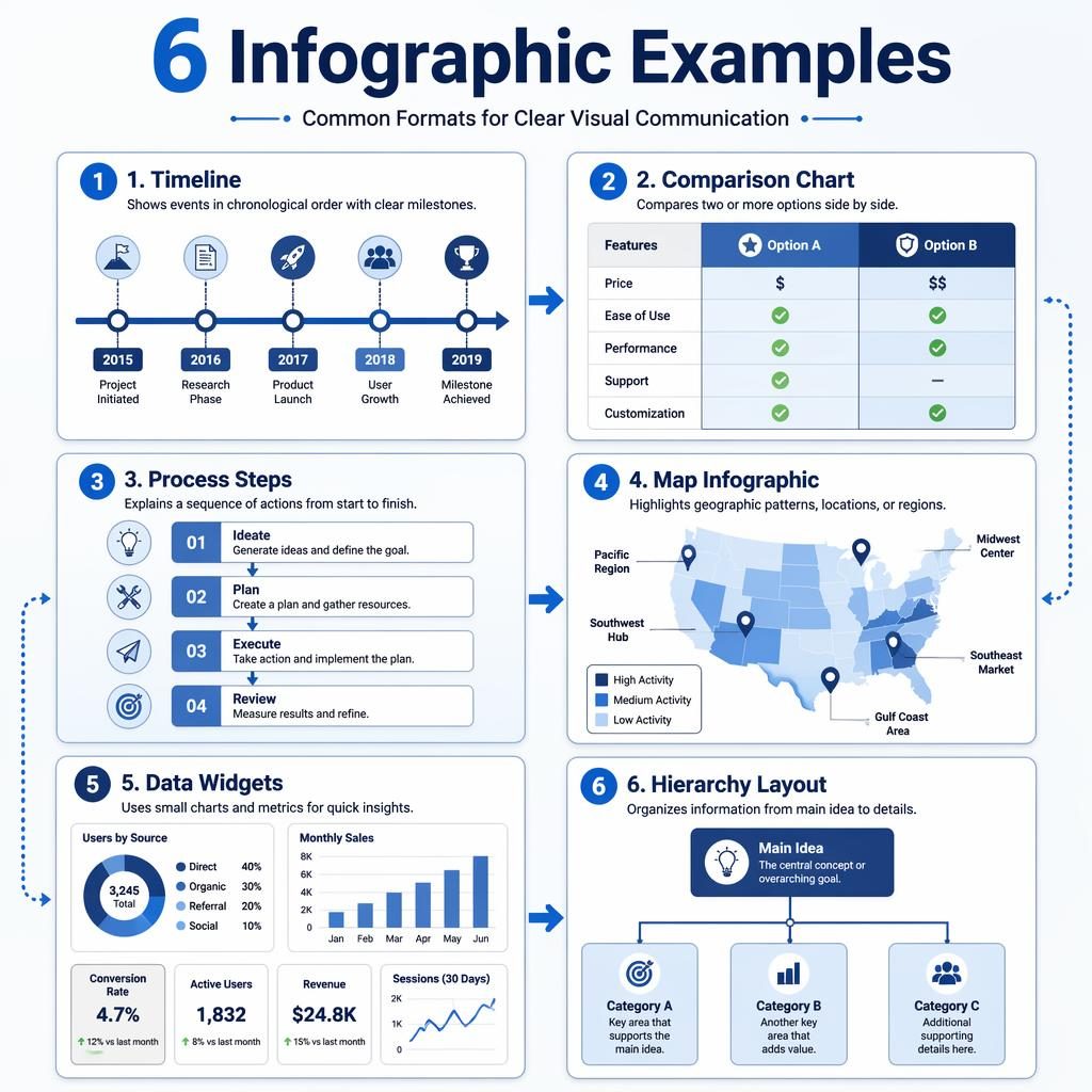 Plakat infograficzny z 6 panelami przykładów: oś czasu, porównanie, proces, mapa, widgety danych i hierarchia.