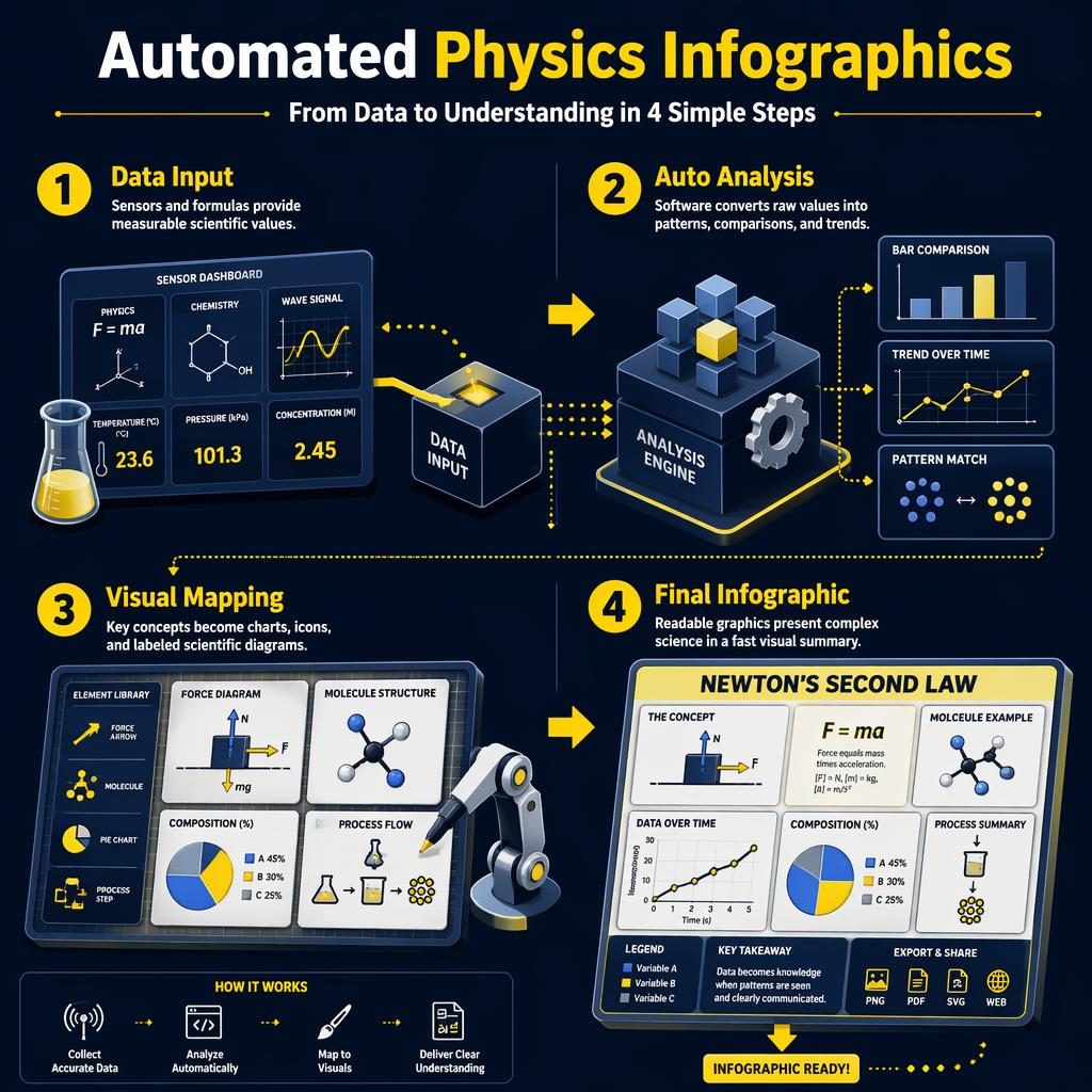 Portrait infographic poster showing 4 isometric steps for automated infographics in physics and chemistry.